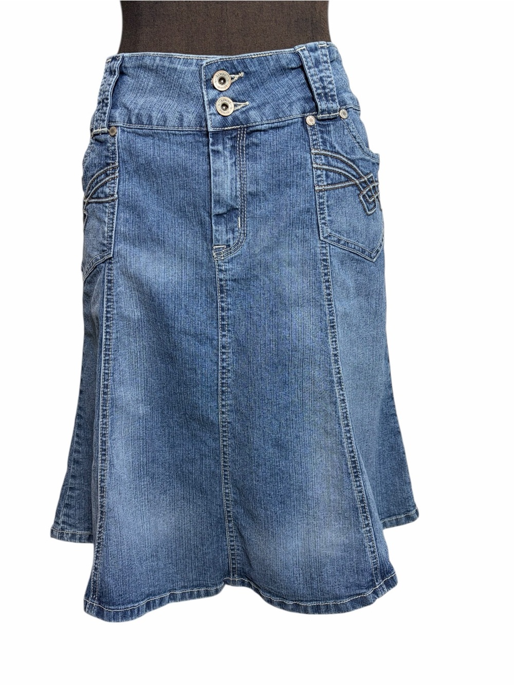 Rewind Denim Midi Skirt Blue Jean A-Line Button Waist Skirt Size 11